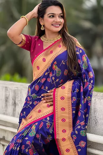 Violet ethnic motifs zari silk blend paithani saree