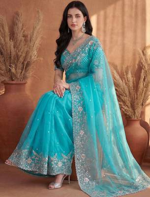 Turquoise embroidered organza saree 2