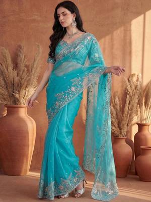 Turquoise embroidered organza saree 3