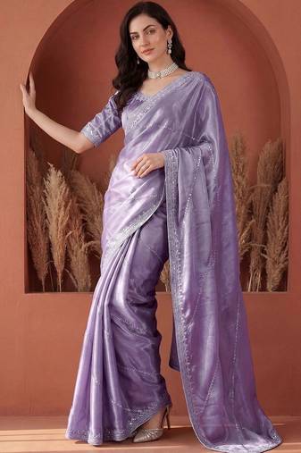 Purple embroidered tissue saree