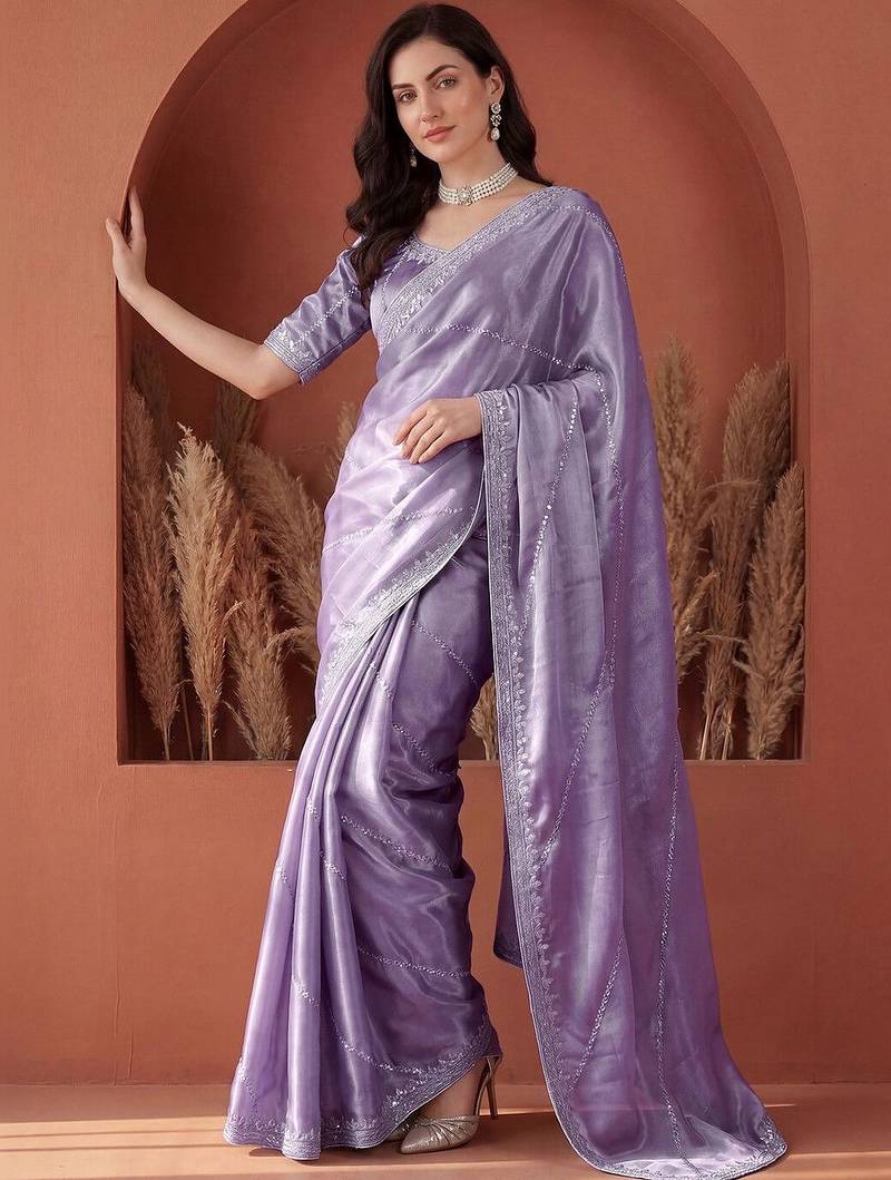 Purple embroidered tissue saree