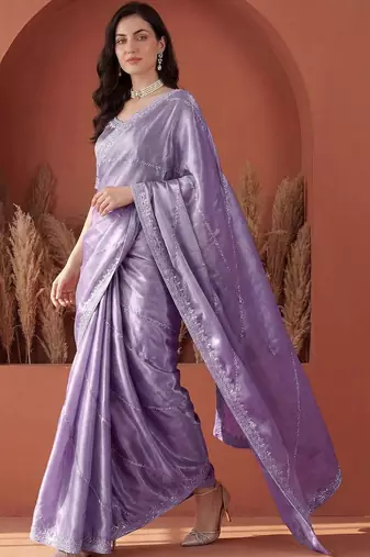 Purple embroidered tissue saree