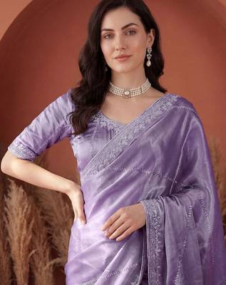 Purple embroidered tissue saree 4