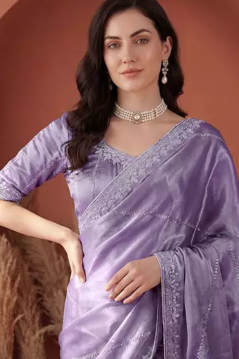 Purple embroidered tissue saree