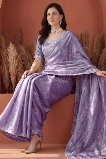 Purple embroidered tissue saree