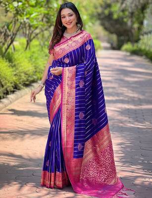 Blue ethnic motif woven design zari kanjeevaram saree 1
