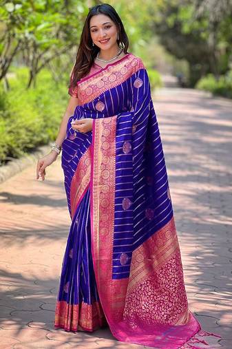 Blue ethnic motif woven design zari kanjeevaram saree