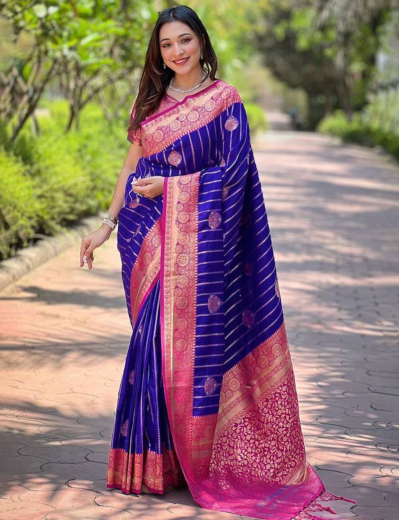 Blue ethnic motif woven design zari kanjeevaram saree