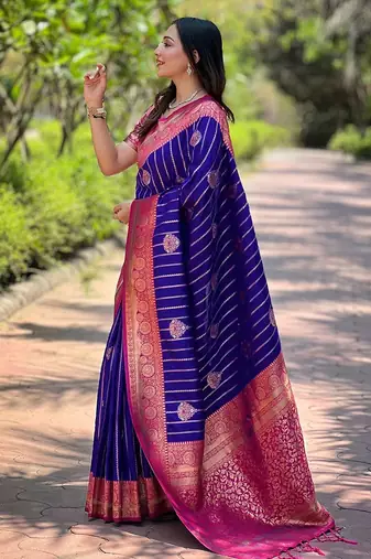 Blue ethnic motif woven design zari kanjeevaram saree