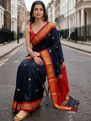 Navy blue ethnic motifs zari art silk handloom kanjeevaram saree 1