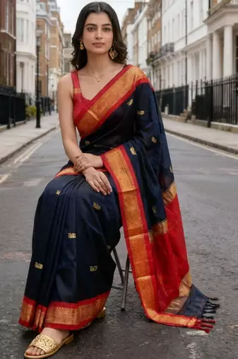 Navy blue ethnic motifs zari art silk handloom kanjeevaram saree