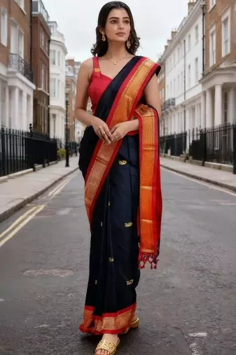 Navy blue ethnic motifs zari art silk handloom kanjeevaram saree