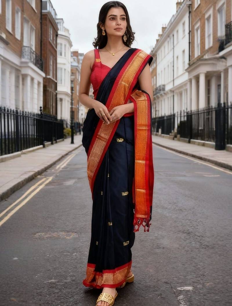Navy blue ethnic motifs zari art silk handloom kanjeevaram saree