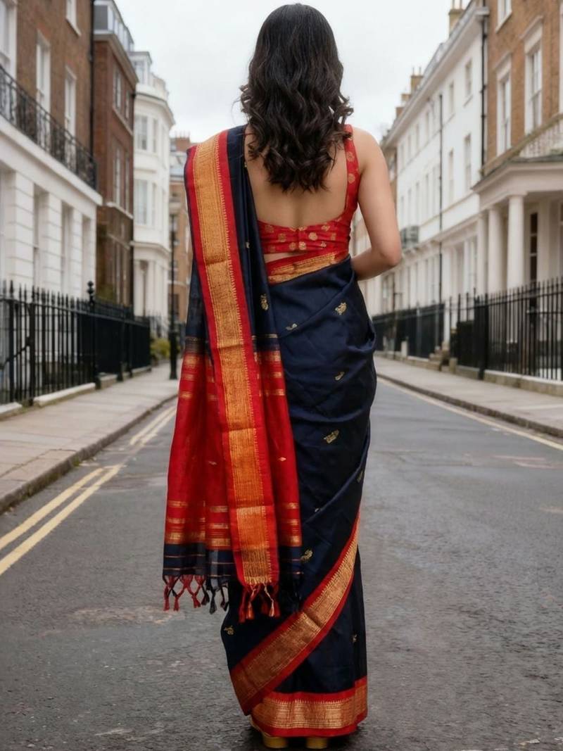 Navy blue ethnic motifs zari art silk handloom kanjeevaram saree