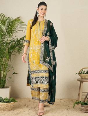 Women's faux georgette fabric zari embroidery kurtaset with dupatta 1