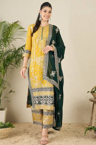 Women's faux georgette fabric zari embroidery kurtaset with dupatta