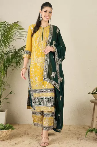 Women's faux georgette fabric zari embroidery kurtaset with dupatta