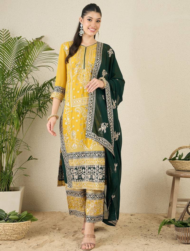 Women's faux georgette fabric zari embroidery kurtaset with dupatta