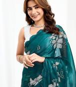 Green floral embroidered  chiffon designer saree