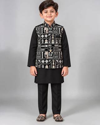 Boys black cotton blend kurta trouser set with velvet floral elephant embroidered waistcoat 1