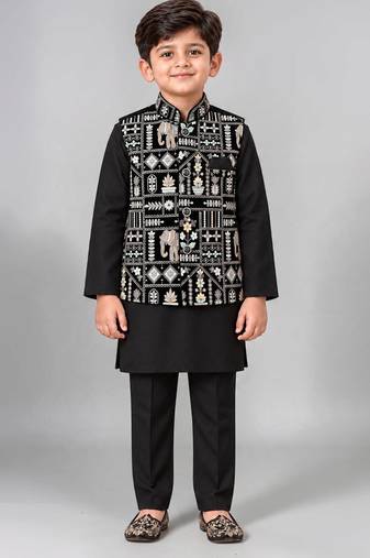 Boys black cotton blend kurta trouser set with velvet floral elephant embroidered waistcoat
