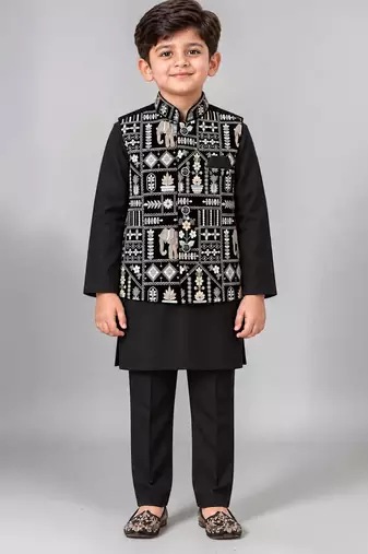 Boys black cotton blend kurta trouser set with velvet floral elephant embroidered waistcoat