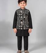 Boys black cotton blend kurta trouser set with velvet floral elephant embroidered waistcoat