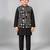 Boys black cotton blend kurta trouser set with velvet floral elephant embroidered waistcoat