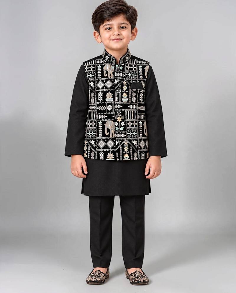 Boys black cotton blend kurta trouser set with velvet floral elephant embroidered waistcoat