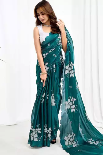 Green floral embroidered  chiffon designer saree