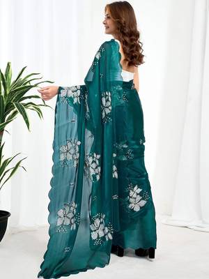 Green floral embroidered  chiffon designer saree 3