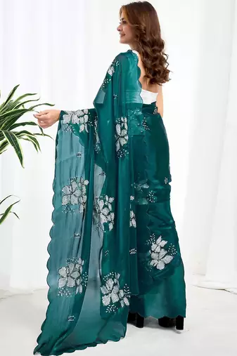 Green floral embroidered  chiffon designer saree