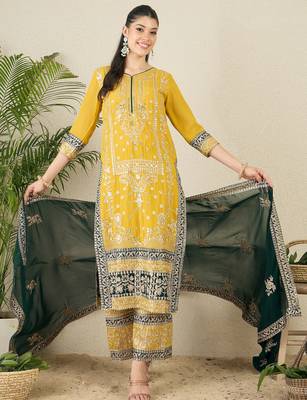 Women's faux georgette fabric zari embroidery kurtaset with dupatta 2