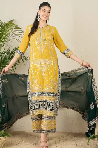 Women's faux georgette fabric zari embroidery kurtaset with dupatta