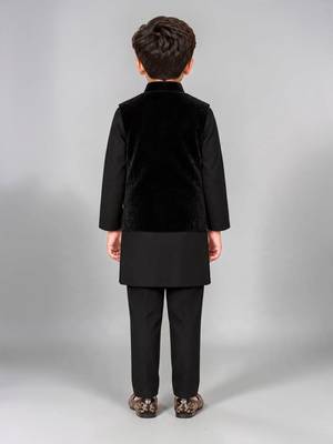 Boys black cotton blend kurta trouser set with velvet floral elephant embroidered waistcoat 2