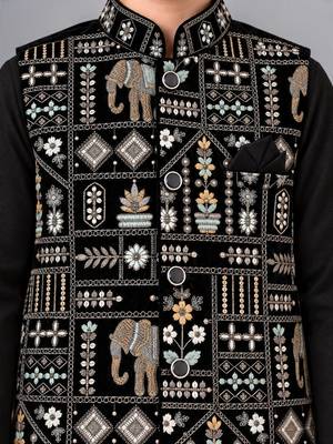 Boys black cotton blend kurta trouser set with velvet floral elephant embroidered waistcoat 3