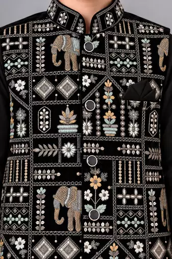 Boys black cotton blend kurta trouser set with velvet floral elephant embroidered waistcoat