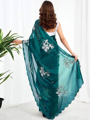 Green floral embroidered  chiffon designer saree 4