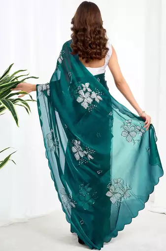 Green floral embroidered  chiffon designer saree
