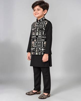 Boys black cotton blend kurta trouser set with velvet floral elephant embroidered waistcoat 4