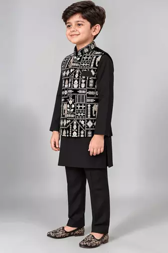 Boys black cotton blend kurta trouser set with velvet floral elephant embroidered waistcoat