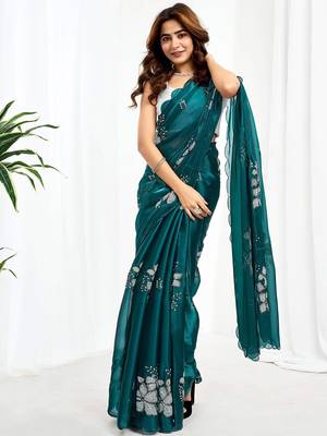 Green floral embroidered  chiffon designer saree 5