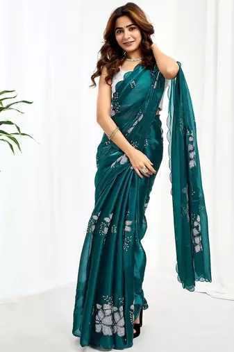 Green floral embroidered  chiffon designer saree