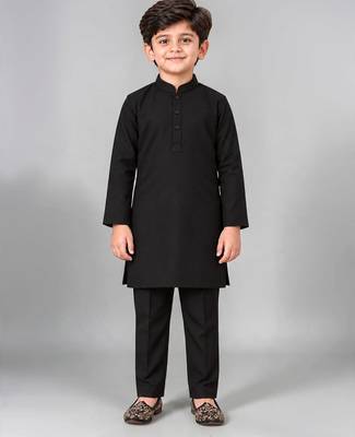 Boys black cotton blend kurta trouser set with velvet floral elephant embroidered waistcoat 5