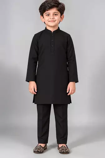 Boys black cotton blend kurta trouser set with velvet floral elephant embroidered waistcoat