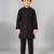 Boys black cotton blend kurta trouser set with velvet floral elephant embroidered waistcoat