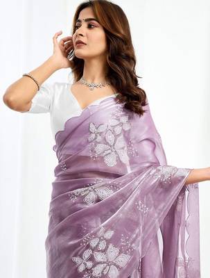 Purple floral sequinned  chiffon saree 1
