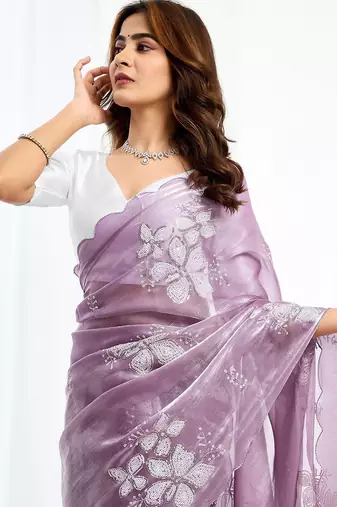 Purple floral sequinned  chiffon saree
