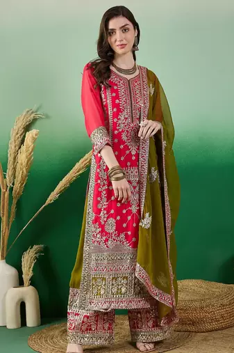Women's faux georgette fabric zari embroidery kurtaset with dupatta