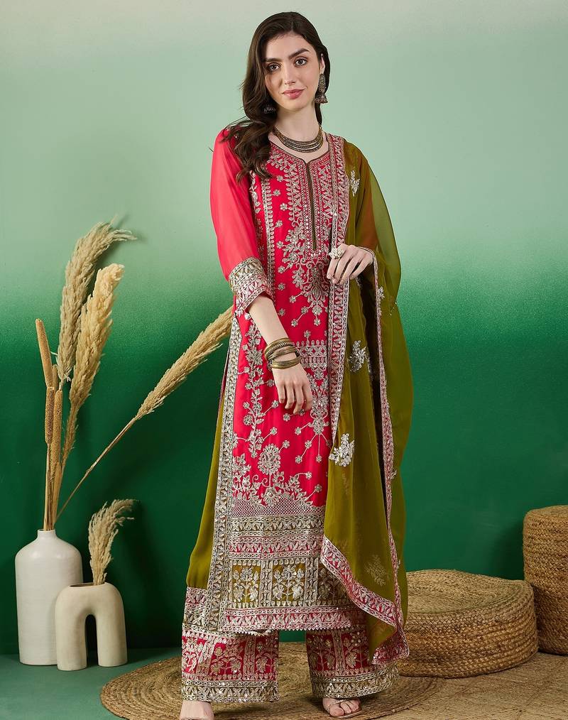 Women's faux georgette fabric zari embroidery kurtaset with dupatta
